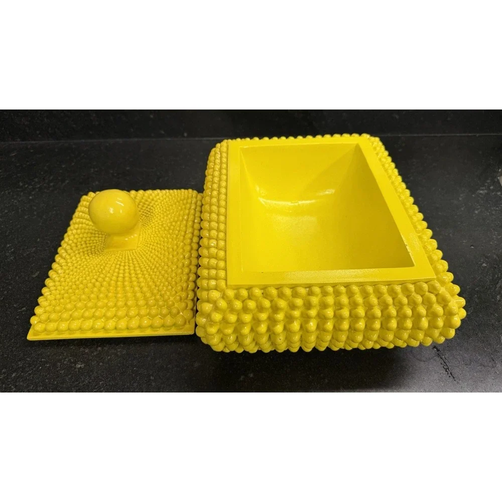 Vintage Yellow Hobnail Lidded Box Hollywood Regency Beaded Trinket Decor 10